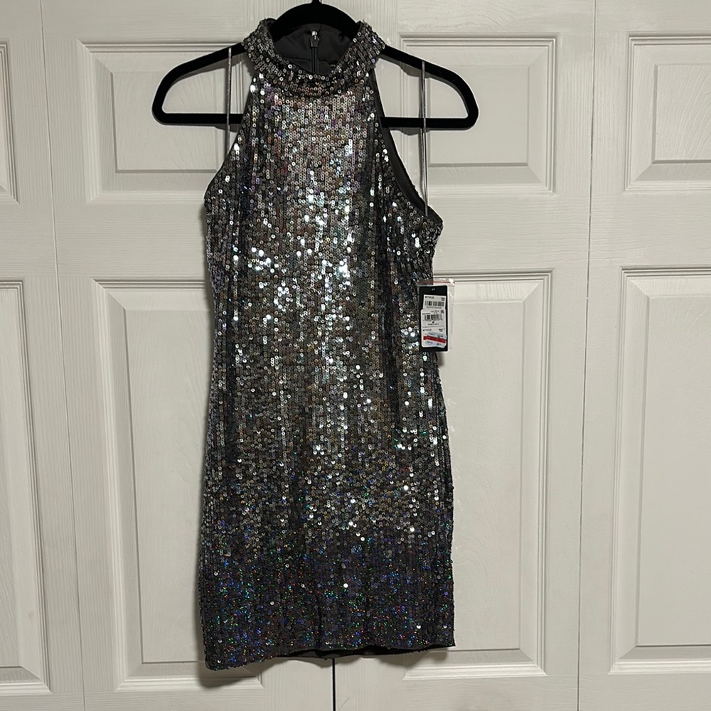 Silver Sequin Halter Dress